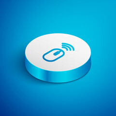 Sticker - Isometric line Wireless computer mouse system icon isolated on blue background. Internet of things concept with wireless connection. White circle button. Vector