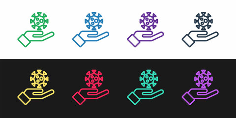 Sticker - Set line Hand with virus icon isolated on black and white background. Corona virus 2019-nCoV. Bacteria and germs, cell cancer, microbe, fungi. Vector.