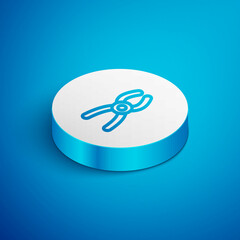 Sticker - Isometric line Dental pliers icon isolated on blue background. Dental equipment. White circle button. Vector