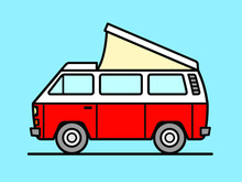 Vector Illustration Of A Vintage Camper Van With Roof Tent
