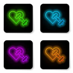 Sticker - Glowing neon line Dumbbell with heart icon isolated on white background. Muscle lifting, fitness barbell, sports equipment. Black square button. Vector