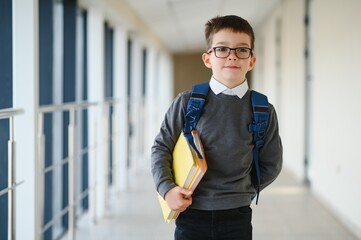 Wall Mural - Cute schoolboy with books and a backpack