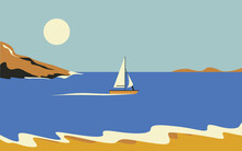 Beautiful View Of The Seascape And The Coast. A Boat Or Yacht Is Sailing On The Sea. Vacation Or Summer Holidays. In Retro Style.