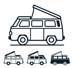 Sticker - Vector of vintage van for travel and camping with roof tent on white background - icon set