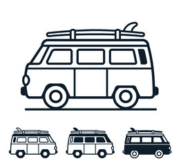 Wall Mural - Vector of vintage van with surfboard on top of the roof on white background - icon set