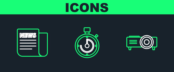 Sticker - Set line Presentation, movie, film, media projector, News and Briefcase icon. Vector