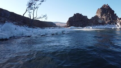 Sticker - Drone footage of the Lake Baikal, Olkhon island near the Shaman rock in December