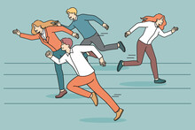 Weak Woman Employee Refuse Compete In Race With Colleagues Or Coworkers. Unmotivated Female Surrender From Contest, Fail Quit Life Competition Or Game. Loser. Vector Illustration. 