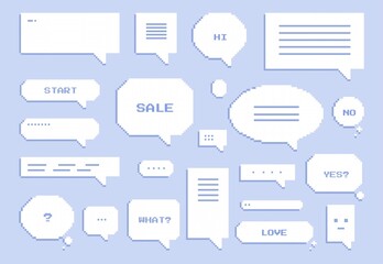 Fototapete - set of pixel speech bubble stickers. white thought clouds with various inscriptions, strokes and que