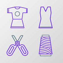 Set Line Sewing Thread On Spool, Scissors, Woman Dress And Icon. Vector