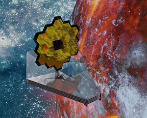 Wall Mural - James Webb telescope somewhere in extreme deep outer space near red planet with atmosphere. 3D rendered illustration.