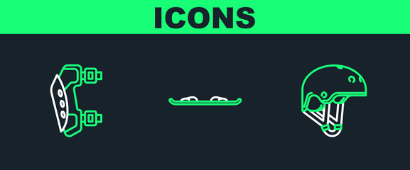 Sticker - Set line Helmet, Knee pads and Snowboard icon. Vector