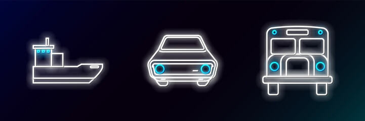 Sticker - Set line School Bus, Cargo ship and icon. Glowing neon. Vector