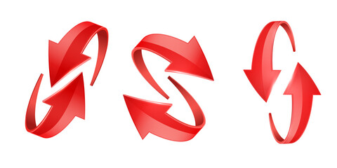 Red realistic 3D glossy arrows are moving towards. Realistic recycling symbol set isolated on white background