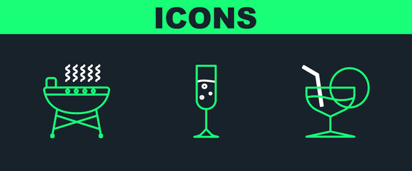 Wall Mural - Set line Martini glass, Barbecue grill and Glass of champagne icon. Vector