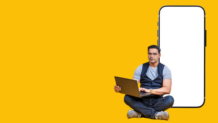 Poster - A man with a big phone. Place for the inscription on the smartphone monitor. A phone with an empty white screen. The man leans on a large smartphone. A person shows the screen. 