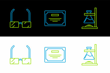Poster - Set line Glass test tube flask on fire, Glasses and Certificate template icon. Vector