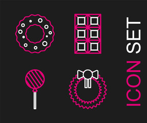 Poster - Set line Christmas wreath, Lollipop, Chocolate bar and icon. Vector