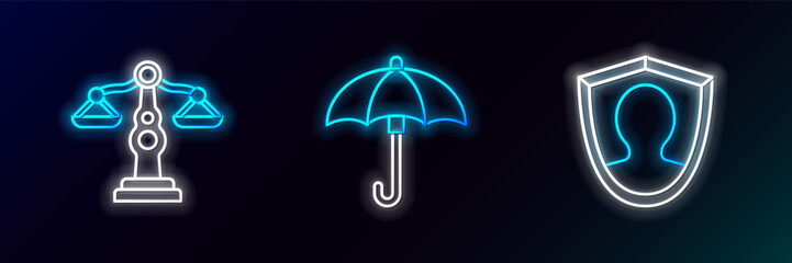 Wall Mural - Set line User protection, Scales of justice and Umbrella icon. Glowing neon. Vector