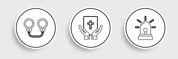 Sticker - Set line Flasher siren, Handcuffs and Oath on the Holy Bible icon. Vector