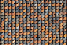 Red Tiles Background Details, Old Orange And Dark Brown Roof Brick Under The Sun, Shingles Texture, Abstract Geometric Pattern, Roof Top Material.