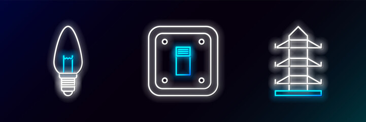 Set line High voltage power pole line, Light bulb and Electric light switch icon. Glowing neon. Vector