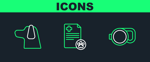 Sticker - Set line Retractable cord leash, Dog and Clipboard with medical clinical record pet icon. Vector