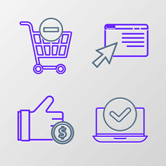 Sticker - Set line Laptop, Hand holding coin, Online shopping on screen and Remove cart icon. Vector