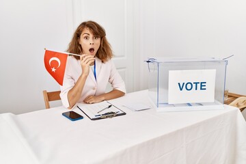 Wall Mural - Beautiful caucasian woman at political campaign election holding tunisia flag scared and amazed with open mouth for surprise, disbelief face