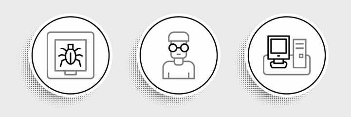 Poster - Set line Monitor with keyboard, Insects in frame and Nerd geek icon. Vector