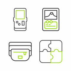 Poster - Set line Piece of puzzle, Waist bag banana, Card game and Tetris icon. Vector