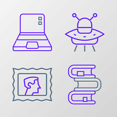 Poster - Set line Book, Postal stamp, UFO flying spaceship and Laptop icon. Vector