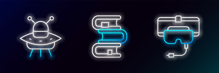 Poster - Set line Virtual reality glasses, UFO flying spaceship and Book icon. Glowing neon. Vector
