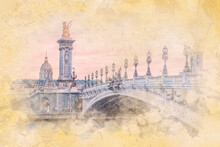Alexandre III Bridge In Paris - Watercolor Effect Illustration