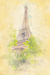 Fototapete - Eiffel Tower in Paris - Watercolor effect illustration