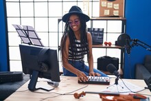 African American Woman Musician Smiling Confident Having Dj Session At Music Studio