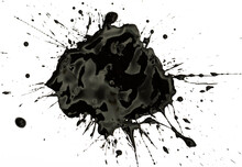 Splash And Splatters Of Spilled Paint Of Black Color On White Surface..