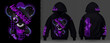 Modern collection of acid print. Cute but psycho. Emo Teddy bear violet techno style, rave music with neon 3d realistic psychedelic footprints star. Street art graffiti print for hoodie vector