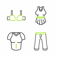 Sticker - Set line Pants, T-shirt, Undershirt and Bra icon. Vector