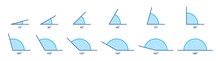 Angle 15, 30, 45, 60, 75, 90, 105, 120, 135, 150, 165 And 180 Degrees Vector Icon Set Illustration. Geometry And Mathematics Symbol. Measure Rotation Design Element.