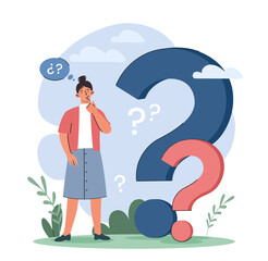 Poster - Woman with questions. Thoughtful character trying to solve life problem, difficulties at work. Brainstorming and creativity. Girl evaluates options, makes decision. Cartoon flat vector illustration