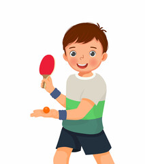 Sticker - Cute little boy playing table tennis in serving position ready to strike the ping pong ball with paddle