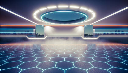 3d rendering of empty space inside futuristic showroom, spaceship, hall or studio in perspective. Include ceiling, neon light, floor and counter. Modern dark background design of future, technology.
