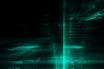 Poster - Digital technology concept background. Green glowing abstract geometric pattern. 3d rendering