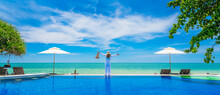 Wide Panorama Happy Traveler Woman On Edge Infinity Pool Joy Fun Nature View Scenic Landscape, Leisure Time Tourist Travel Phuket Thailand Summer Holiday Vacation, Tourism Beautiful Destination Asia