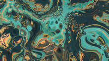 Paint Swirls In Beautiful Turquoise And Yellow Colors, With Gold Powder. Abstract Art Background.