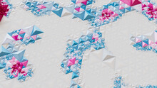 Vibrant Modern Surface With Tetrahedrons. White, Blue And Pink Polygonal 3d Banner.