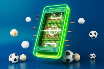 Wall Mural - smartphone with a white screen. football ball on dark background. football shoes with the winner cup. 3d illustration. sport competition application online. online live app broadcast. soccer game