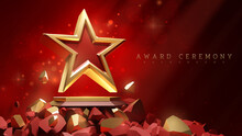 Red Background. 3d Gold Star With Light Beam Effect With Bokeh Decoration. Award Ceremony Design Concept.
