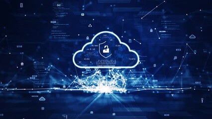 Fototapete - Cloud and edge computing technology concept with cybersecurity data protection system. A large cloud icon stands out in the center. Slow motion small icon polygon connection on dark blue background.